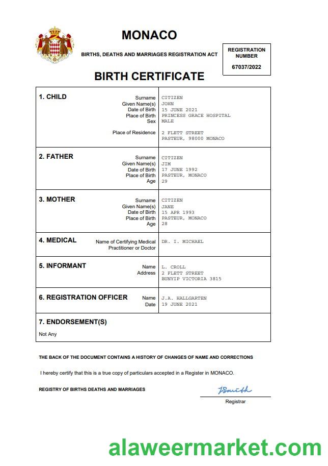 Monaco vital record birth certificate Word and PDF template
